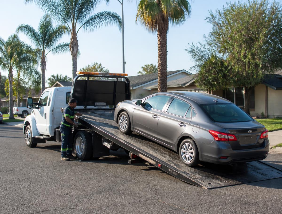Tow truck loading a sedan on a Fresno residential street